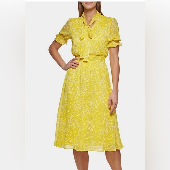 DKNY Yellow/White Floral Tie-Neck Smock Waist/Cuff Career Cottage Midi Dress 4 - Picture 1 of 16